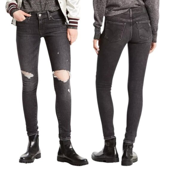 Levi’s 711 Skinny Black Ripped Denim Jeans 28 Distressed - Picture 1 of 14